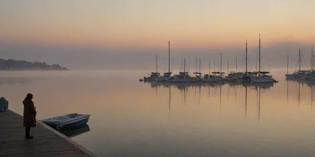 Foggy harbor at dawn, with boats barely visible through the thick mist, a woman stands at the wateres edge, her hands tucked in her coat pockets as she watches the sun rise slowly over the horizon.