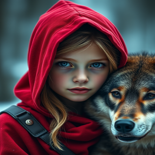 create a detailed portrait of a young girl wearing a red hooded cloak, with a friendly wolf beside her, soft lighting, high-resolution, DSLR camera, aperture f/2.8, focal length 50mm, shallow depth of field, 4K quality