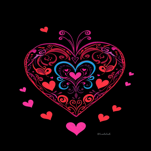 Create a vibrant illustration of a large, decorative heart with intricate patterns and smaller hearts in a playful style, set against a solid black background, using a digital drawing tablet with a resolution of 300 DPI. Focus on bright colors and high contrast, capturing fine details with a soft brush effect. Utilize a top-down view for added depth, mimicking a canvas art style.
