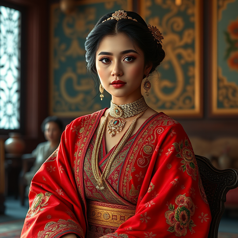 A beautiful Afghan woman in traditional East Asian attire, intricately detailed with embroidered patterns, sitting gracefully in a richly decorated room, soft ambient lighting, serene and elegant, ultra-realistic, 8K resolution