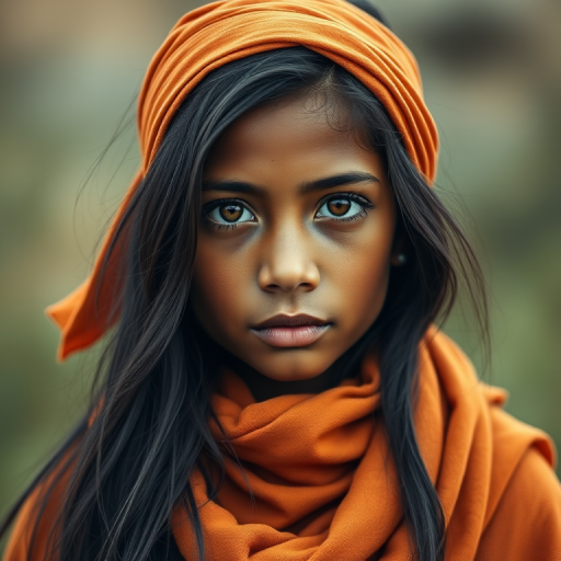 Create a portrait of a young Taino female with long, dark hair and captivating hazel eyes. She is wearing a orange headscarf and a matching scarf draped gracefully around her neck. The background is softly blurred, focusing attention on her serene and natural expression. The overall color palette is muted and warm, enhancing the intimate and authentic feel of the portrait.