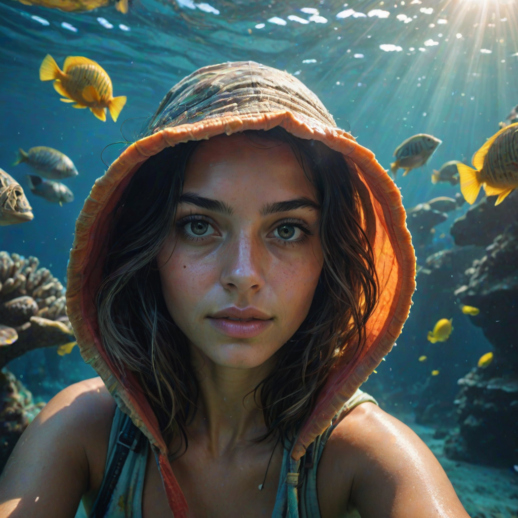 Realistic selfie image of a Guarani, wearing a vintage outfit, detailed dreamy eyes, droopy hooded eyes, staring at the camera, taken underwater at coral reef with a sunbeam filtering through the water, vibrant, summer vacation, natural lighting, turtle and school of tropical fish with vibrant colors, rendered in the style of CryEngine, Pegi Nicol MacLeod, with realistic genre scenes, hauntingly beautiful narratives, ultra-realism, and Thomas Saliot's close-up technique, 8K resolution, crystal clear and sparkling water.