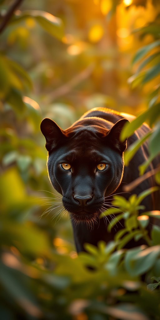 capture a black panther in a dense jungle environment during golden hour with a shallow depth of field, using a DSLR camera with a 50mm lens, aperture set to f/1.8, ISO 200, and a shutter speed of 1/100 sec to highlight the panther's striking eyes and surrounding foliage.