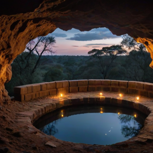 photograph, landscape of a Mythical Grotto from inside of a Harare, at Twilight, Depressing, Cloudpunk, Cold Lighting, dynamic, Nikon d850, Depth of field 270mm, Amaro, Golden ratio