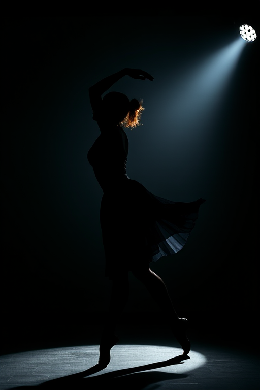 A high-resolution silhouette of a dancer in motion, captured with a Canon EOS R5, 50mm lens, aperture f/1.8, shutter speed 1/200s, ISO 100, in a dimly lit studio with dramatic lighting to accentuate the pose and movement.