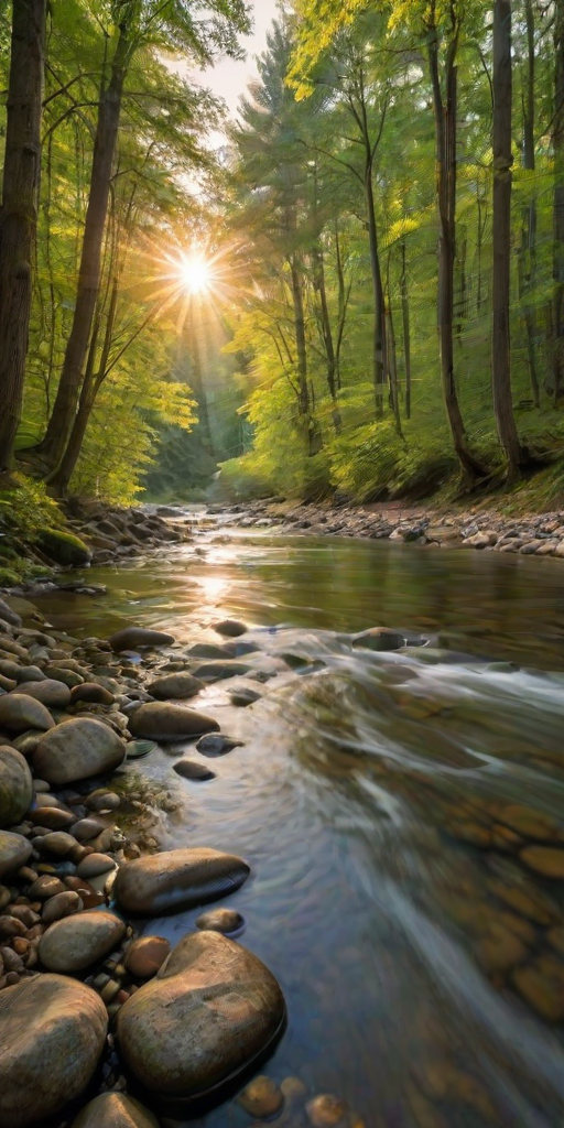 Create an image of a serene, sunlit forest scene with a clear, gently flowing river. Tall trees with lush green foliage line both sides of the river, their leaves bathed in the warm golden light of the setting or rising sun. The sunlight filters through the trees, casting soft, dappled light on the river, which flows over smooth rocks and pebbles, creating a peaceful, natural atmosphere. The sky is bright with a few scattered clouds, and the overall mood is tranquil, evoking a deep sense of connection with nature. The image captures the beauty of a calm, pristine forest landscape at either dawn or dusk.