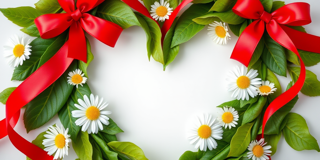 Create an ornate heart shape made of green leaves, white daisies, and red ribbons, using a macro lens at f/2.8 with a shallow depth of field, natural lighting, and a DSLR camera for high resolution and vibrant colors.