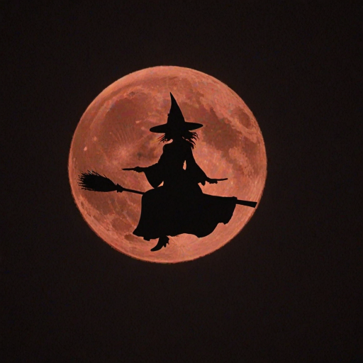 Double exposure, a silouette of a witch on a broomstick centered in the middle of an blood orange full moon.  Any suggestions on getting a good image of a witch on a broomstick centered in the middle of an blood orange full moon.  I tried different generators and changed the wording around.