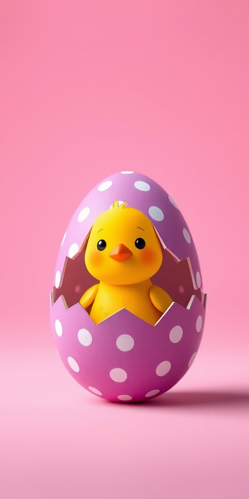Create a vibrant cartoon image of a yellow chick hatching from a purple polka-dotted egg with a smooth gradient background, using a DSLR camera with a 50mm lens, f/2.8 aperture, ISO 100, and soft lighting to enhance the colors and detail.