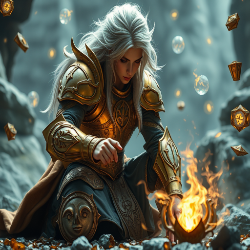 A fantasy character with silver hair in intricate golden armor, kneeling and casting a spell, surrounded by floating magical artifacts, shot with a DSLR camera, 85mm lens, f/1.8 aperture, ISO 100, using a dramatic low angle view and soft lighting for enhanced detail and vibrant colors.