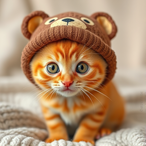 A cute orange tabby cat wearing a bear-themed hat with large expressive eyes sitting on a soft blanket background. The cat has a curious and adorable expression, making it look playful and charming.