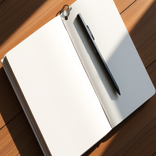 create an image of an open spiral notebook with blank pages, shot with a Canon EOS R5, 50mm lens, f/1.8 aperture, ISO 100, 1/125 sec, overhead view, natural light for soft shadows and even brightness