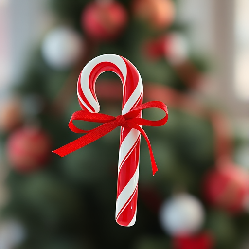 Create a high-resolution image of a candy cane with red and white stripes, tied with a red bow, soft focus background, in natural light, using a DSLR camera with an aperture of f/2.8, shutter speed of 1/250s, and ISO 100.