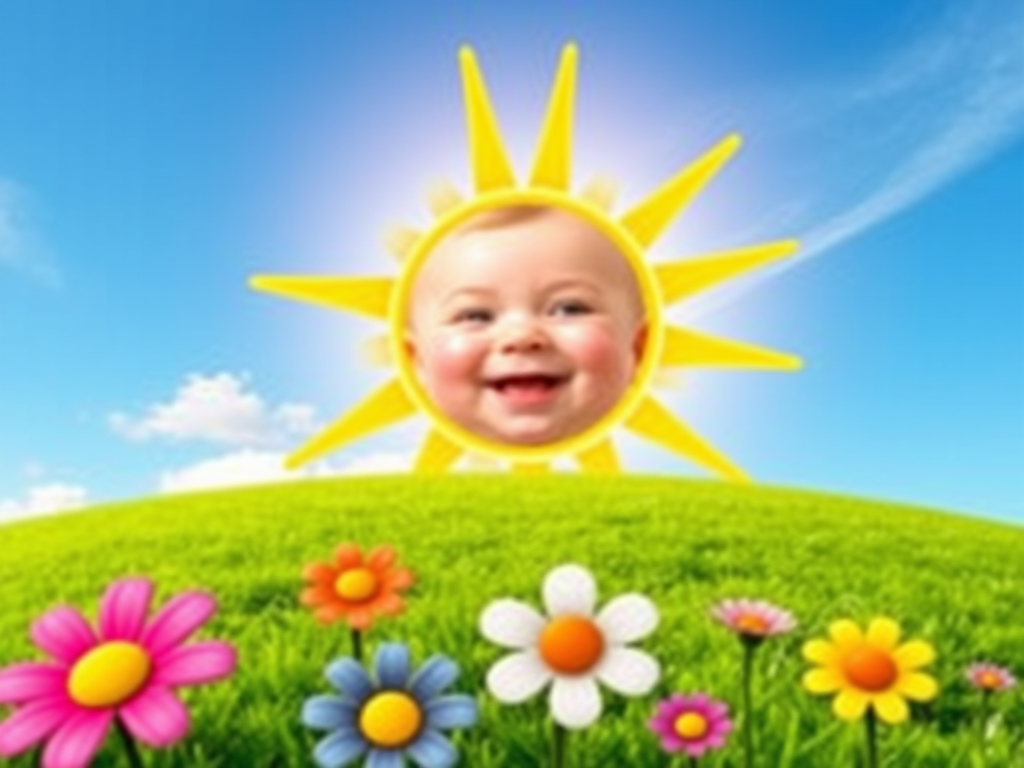 Create an image shows a bright, sun with a smiling baby's face in the center, radiating soft yellow rays. The sun is set against a clear blue sky with a few wispy clouds. Below, there's a lush green grassy hill with colorful, oversized flowers, giving the scene a whimsical, playful atmosphere.
