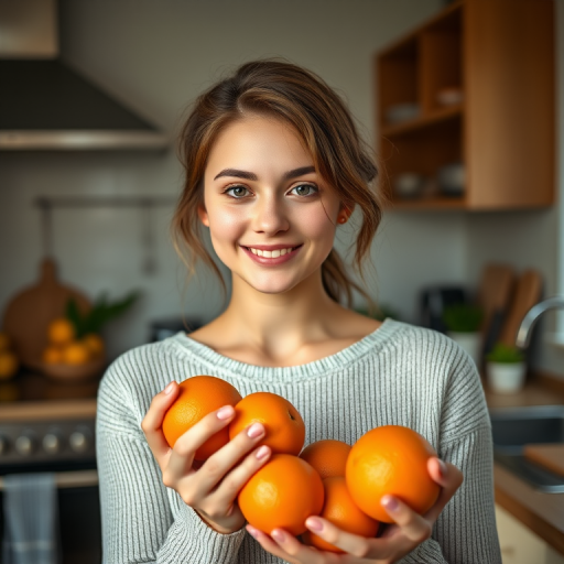 portrait of a young woman holding oranges in a stylish kitchen, soft natural light, aperture f/2.8 for shallow depth of field, 50mm lens for portrait style, DSLR camera, bright and vibrant color palette with a focus on the subject