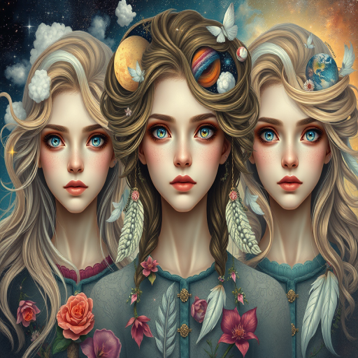 Create a series of imaginative portraits where each subject is infused with elements of fantasy and nature. The hair of the individuals should flow like clouds, varying from soft, fluffy cumulus to wispy cirrus strands, with hints of color reflecting a sunset or a clear blue sky. The eyes should be windows to entire galaxies, with stars, nebulae, and distant planets visible within them. Clothing should be adorned with nature motifs, such as floral patterns that bloom and change, vines that seem to grow and wrap around, or feathers that shimmer with iridescence. Each portrait should capture a unique personality, blending human features with the ethereal beauty of the natural and cosmic world. The backgrounds can vary, from starry night skies to enchanted forests, adding depth and context to the magical realism of the portraits