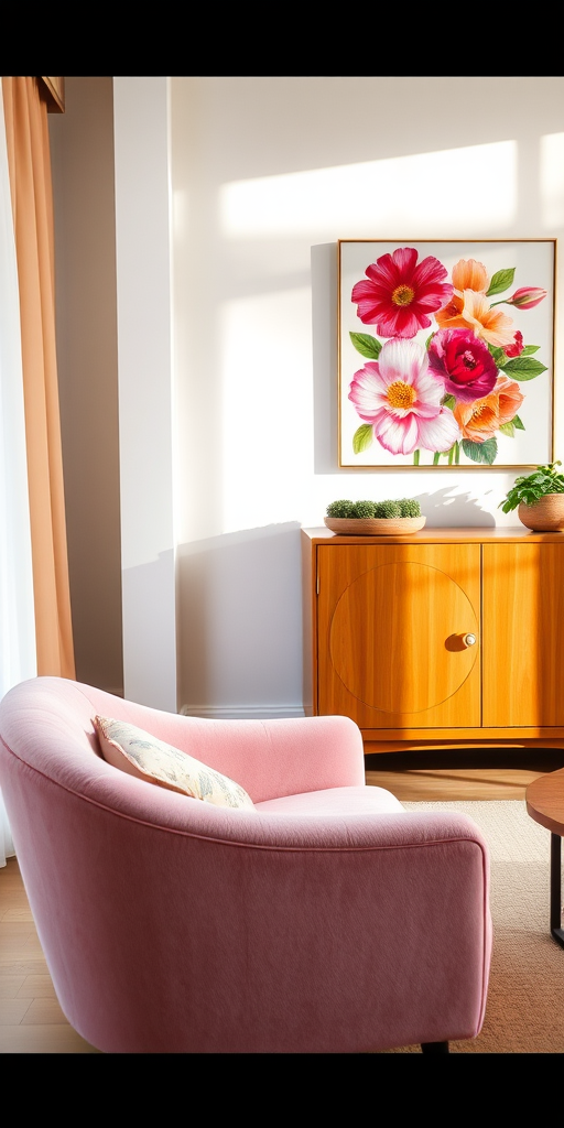 interior design of a modern living room featuring a plush pink armchair and a wooden cabinet with a circular door, a vibrant floral painting on the wall, natural light illuminating the space, captured with a DSLR camera at f/2.8, ISO 100, 24mm lens, soft focus background, warm color tones
