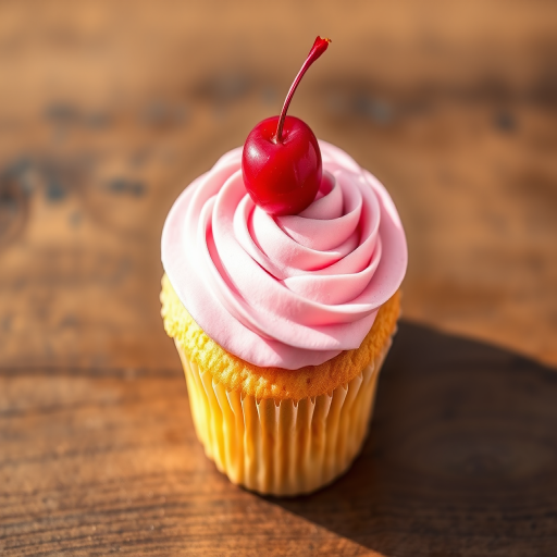 Create a high-resolution illustration of a cupcake with pink frosting and a cherry on top, using a soft focus lens, an aperture of f/2.8, ISO 100, shot from a top-down view in bright natural light, optimizing for vibrant colors and sharp details.