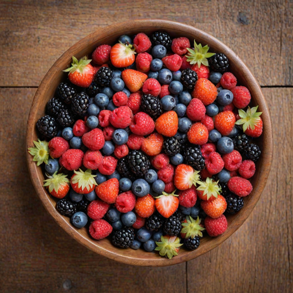 a bowl of mixed fresh berries including strawberries, blueberries, raspberries, and blackberries arranged on a wooden table with scattered berries around it, natural lighting and vibrant colors