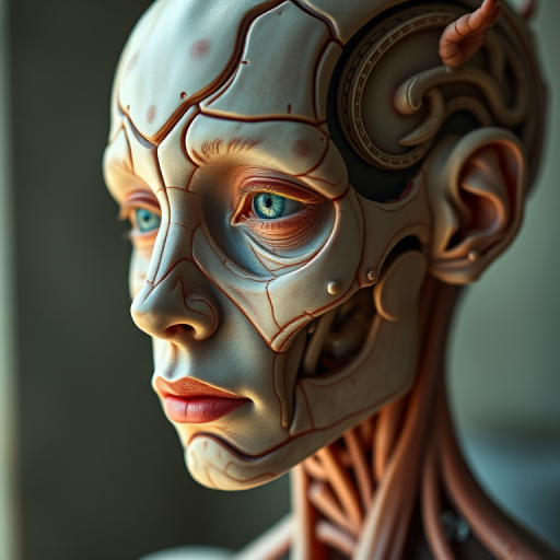 Create a hyper-realistic portrait of a humanoid figure with intricate anatomical features and organic textures, shot with a Canon EOS 5D Mark IV, using a 50mm f/1.4 lens, at ISO 100, aperture f/2.8, in soft natural light, with a shallow depth of field focusing on the detailed facial structure and ethereal elements.