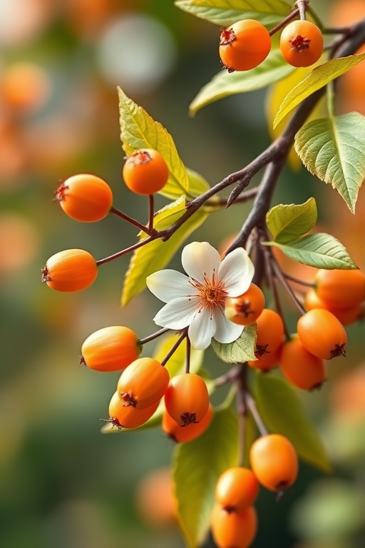 Create a high-resolution illustration of a stylized flower branch with orange berries and green leaves, captured from a close-up view using a DSLR camera at f/2.8, ISO 100, with natural lighting and a soft focus background for enhanced detail and texture.