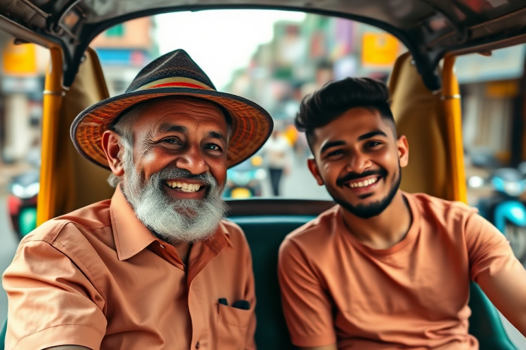 Capture a joyful moment between an elderly man and a young man sitting in a tuk-tuk, with vibrant street life in the background, using a 50mm lens, aperture f/1.8, ISO 200, and a shallow depth of field for a soft bokeh effect, in natural lighting with a candid photography style.
