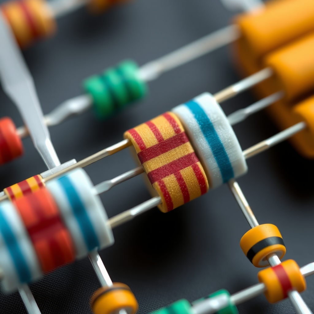 Create a high-resolution illustration of various types of resistors arranged in a line, using a macro lens with a shallow depth of field, f-stop at 2.8, ISO 100, 50mm focal length, and soft diffused lighting to enhance colors and details.