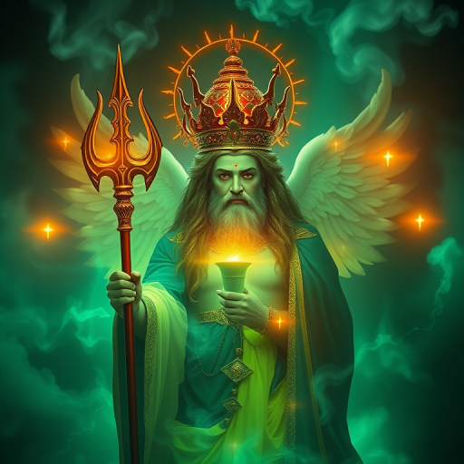 Create a vibrant digital artwork of a divine figure holding a trident, surrounded by ethereal green mist and glowing symbols, shot with a Canon EOS R5, 85mm lens, aperture f/1.8, ISO 100, using soft focus and dramatic lighting to enhance the mystical atmosphere.