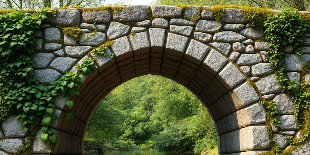 Create a highly detailed 3D rendering of a stone bridge overgrown with vines, captured from a low-angle perspective using a professional DSLR camera with a 50mm lens, f/1.8 aperture, 100 ISO, and soft natural lighting to enhance texture and depth.