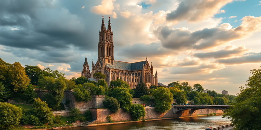 Create a vibrant and detailed image of a grand cathedral with multiple towers, surrounded by lush greenery and a river, under a dramatic sky, using a DSLR camera with a 35mm lens, aperture set to f/8, ISO 200, and a shallow depth of field for a soft focus effect.
