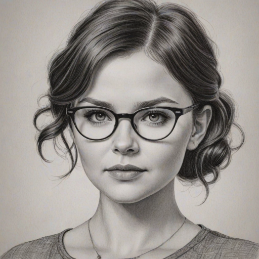 Superb Ginnifer Goodwin, pencil sketch, portrait of Enchanting woman 1948s in glasses, hair style beatnik, outline, clear lines, fine lines, 8k