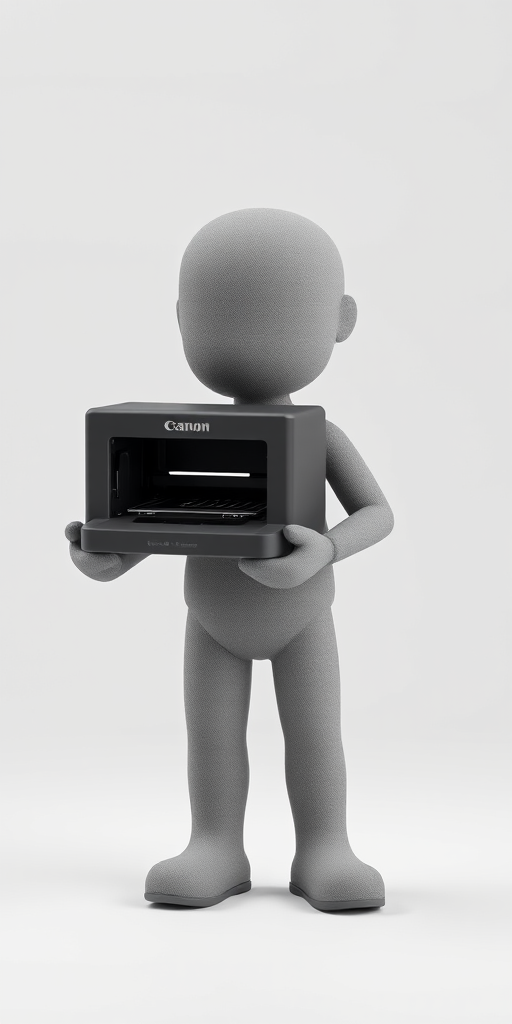 Create a 3D-rendered image of a stylized gray humanoid figure holding a small printer, with a clean white background, using a Canon EOS R5 camera, 50mm lens, f/8 aperture, ISO 100, and a soft diffused lighting setup to enhance details and texture.