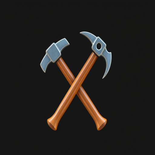 Create a high-resolution image of a crossed hammer and pickaxe icon, with a glossy finish, captured with a 50mm lens at f/2.8, ISO 100, using a full-frame DSLR in natural light for enhanced detail and clarity.