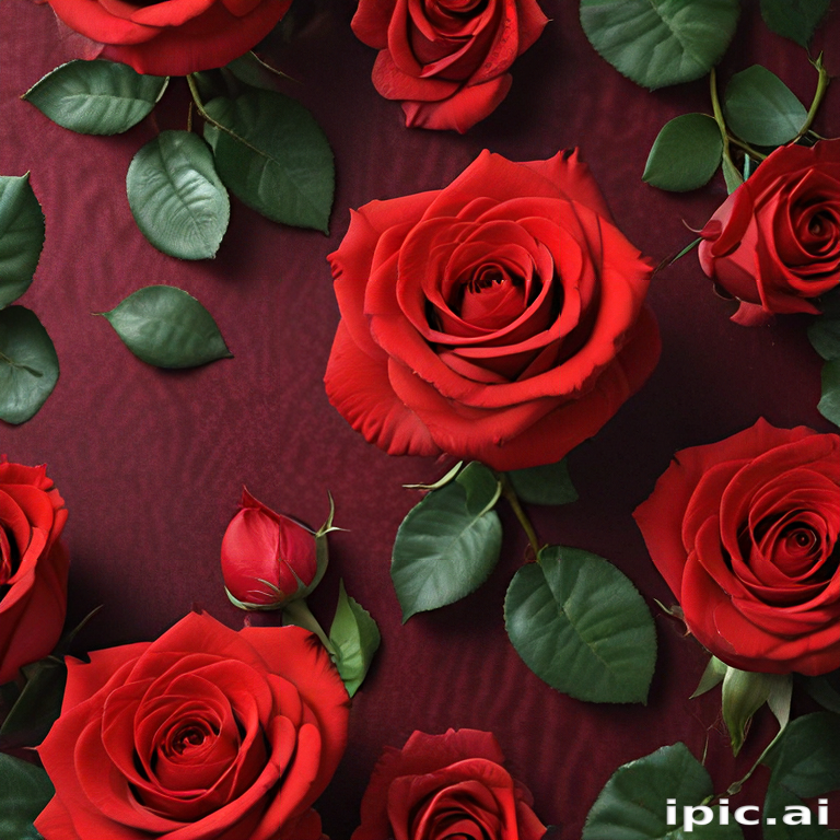 Beautiful Arrangement of Lush Red Roses with Green Leaves on Dark ...