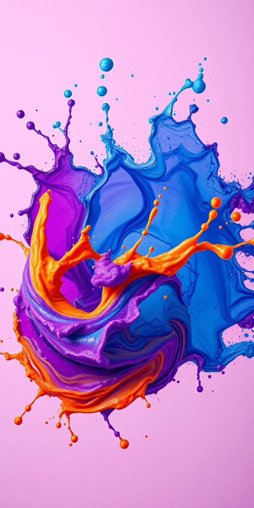 Create a vibrant abstract splash of colors in a swirling motion, featuring rich blues, purples, and oranges against a gradient background of pink and teal, captured with a DSLR camera, 35mm lens, f/2.8 aperture, 1/60 sec shutter speed, and a high saturation setting for enhanced color quality.