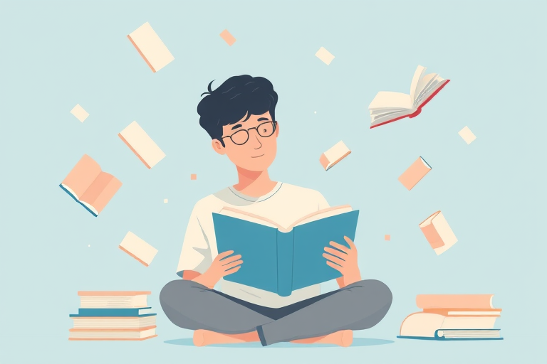 Create a minimalist illustration of a person reading a book, surrounded by floating books, using a soft pastel color palette, with a light blue background, captured with a Canon EOS R5, 50mm lens, f/1.8 aperture, ISO 100, and 1/200s shutter speed for high clarity and a shallow depth of field.