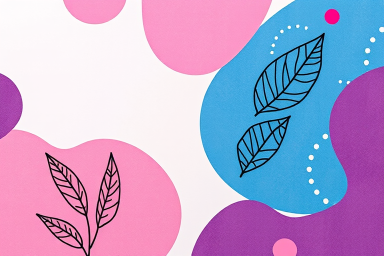 Create an abstract background with vibrant pink, purple, and blue shapes, featuring intricate hand-drawn leaves and dotted textures, using a Canon EOS R5, 50mm lens, f/1.8 aperture, ISO 100, and captured from a straight-on view for enhanced clarity and detail.