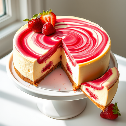 Create an image of a creamy cheesecake with a vibrant raspberry swirl on top garnished with fresh strawberries on a white cake stand with a slice removed revealing the layers inside. The setting should be bright and inviting, emphasizing the rich textures and colors of the cheesecake.