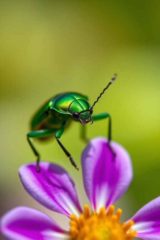 macro shot of a green beetle on a flower with a shallow depth of field, f/2.8, ISO 100, 1/250s, 100mm lens, natural light, focus on beetle, soft bokeh background