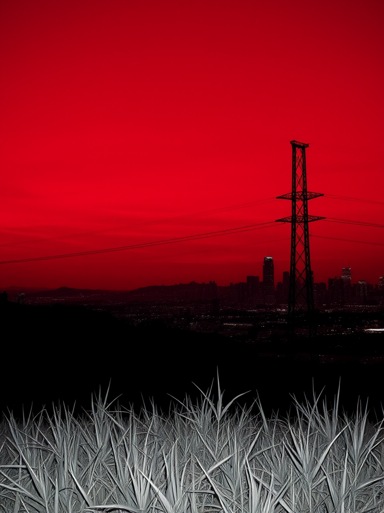 monochrome,outdoors,power lines,wide shot,reddish sky,grass,hill,expressionless,x hair ornament,city lights in background,city in background,skyscraper in background,skyline,stylish,dark theme,