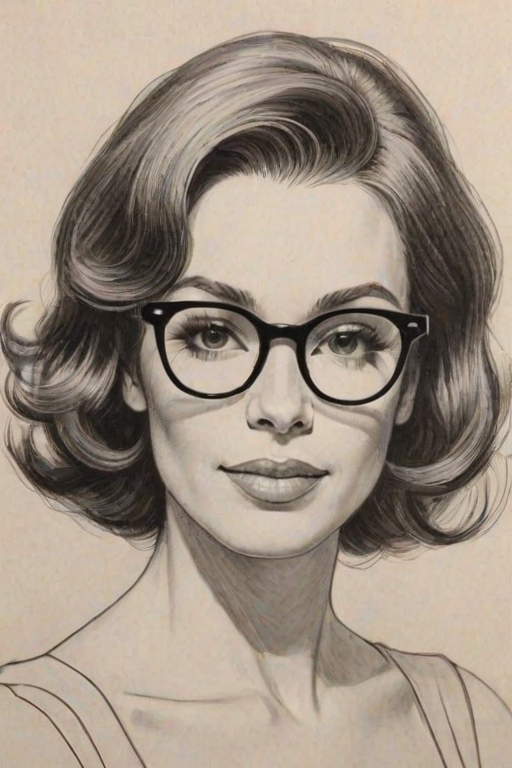 Delightful Whitney Cummings, pencil sketch, portrait of Wonderful woman 1960s in glasses, hair style beatnik, outline, clear lines, fine lines, 8k