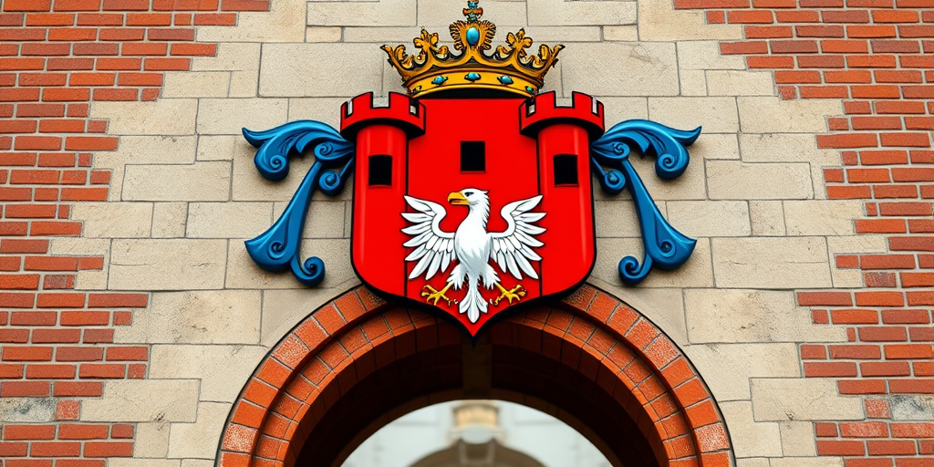 Create a detailed digital illustration of a heraldic shield featuring three red towers with a golden crown above, flanked by blue accents and a white eagle below a red brick archway, captured with a Canon EOS 5D Mark IV at f/8, ISO 100, 24mm lens, in high resolution with a sharp focus and vibrant colors.