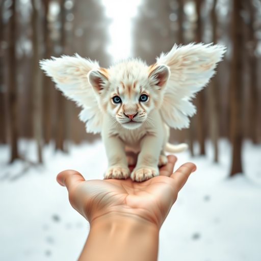 A small, white lion cub with angelic wings standing on a human hand. The cub has a soft, fluffy texture with detailed fur, expressive blue eyes, and a curious expression. The wings are large and feathery, blending seamlessly with its fur, giving an ethereal appearance. The background is a winter forest, with the ground covered in snow and blurred brown trees, creating a serene atmosphere. The human hand in the foreground is positioned palm-up, supporting the lion cub gently, fingers slightly curled. The lighting is soft and diffused, enhancing the tender and magical feel of the scene. Colors are predominantly neutral with white, cream, and soft browns, contrasting with the subtle blue of the lion cub's eyes. The overall composition is balanced, with the cub at the center, creating a focal point that draws the viewer's attention immediately.