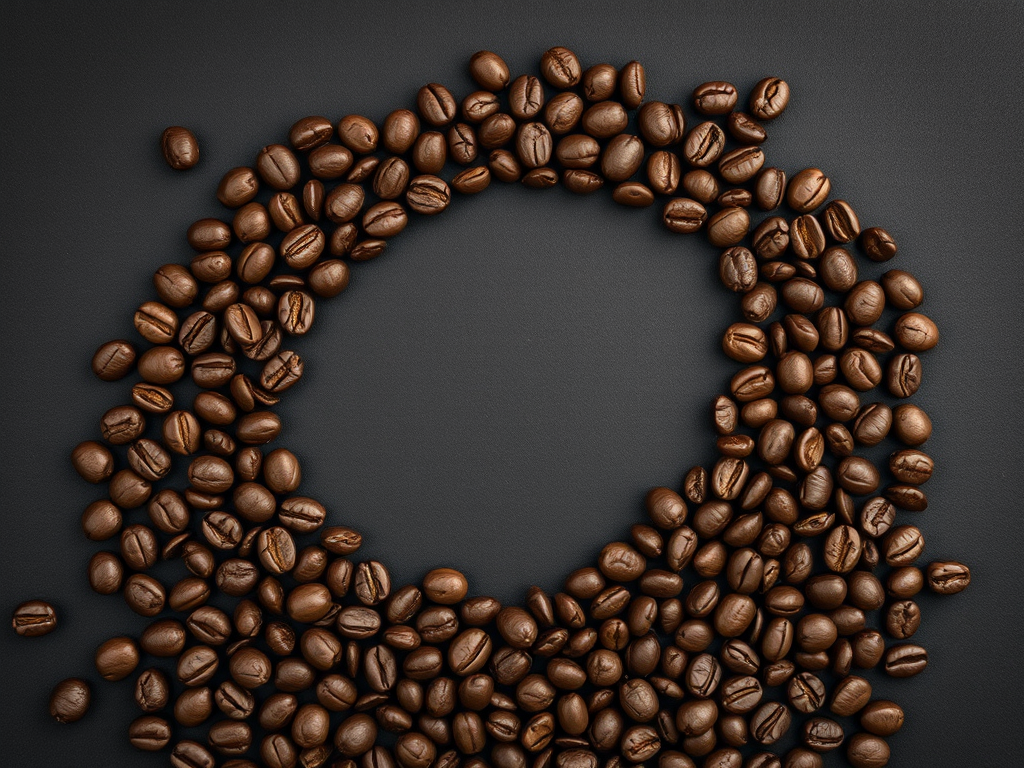 regenerate an image of a large coffee bean shape formed by various coffee beans scattered across a dark background, taken with a DSLR camera at f/2.8 aperture, ISO 100, with a shallow depth of field and a top-down view to enhance texture and detail.