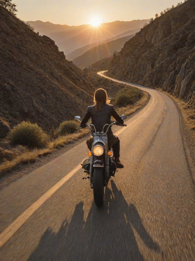 Winding mountain road at dusk, a woman rides a vintage motorcycle along the narrow path, the sun setting behind her as the open road stretches out ahead.