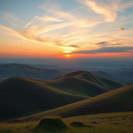 Create a high-resolution image of a tranquil landscape featuring rolling hills and a sunset sky, using a DSLR camera with a 50mm lens, aperture set to f/2.8, ISO 100, and a shutter speed of 1/125 seconds, capturing a wide-angle view.