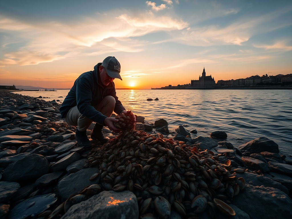 capture a fisherman collecting shellfish on rocky shore during sunset with distant castle-like buildings in the background, low angle view, shot with a 50mm lens at f/2.8, ISO 200, shutter speed 1/200, DSLR camera