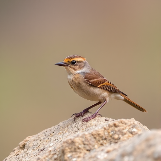 Generate an image of a small brown bird perched on a rock with a shallow depth of field, ISO 200, aperture f/2.8, shutter speed 1/500 sec, 50mm lens, natural lighting, and a focus on capturing fine feather details.