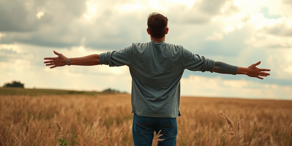 Regenerate an image of a person standing with arms outstretched in an open field under a cloudy sky, using a DSLR camera with a 50mm lens, aperture set to f/2.8, shutter speed of 1/1000s, ISO 100, and a slight upward angle for a warm, soft focus effect.