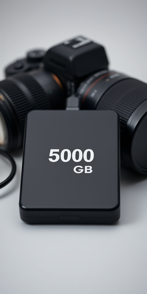 Create a high-resolution image of an external hard drive labeled 500 GB with a sleek black design, connected by a USB cable, taken with a DSLR camera at f/2.8, ISO 100, 50mm lens, in a well-lit studio setting.